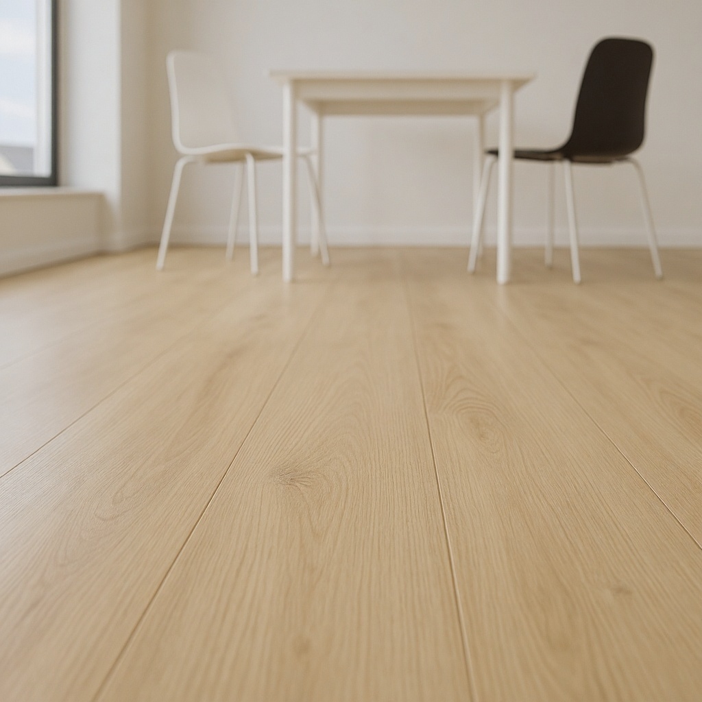 Moderner Raum mit hellem Holzlaminatboden und minimalistischer Einrichtung. Der Boden wirkt freundlich, natürlich und verleiht dem Raum eine warme Atmosphäre.