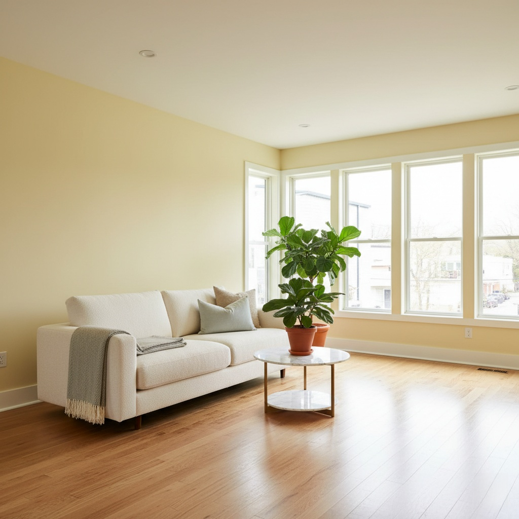 Freundliches Wohnzimmer nach abgeschlossenem Innenausbau mit großen Fenstern, Holzfußboden und hellen Möbeln