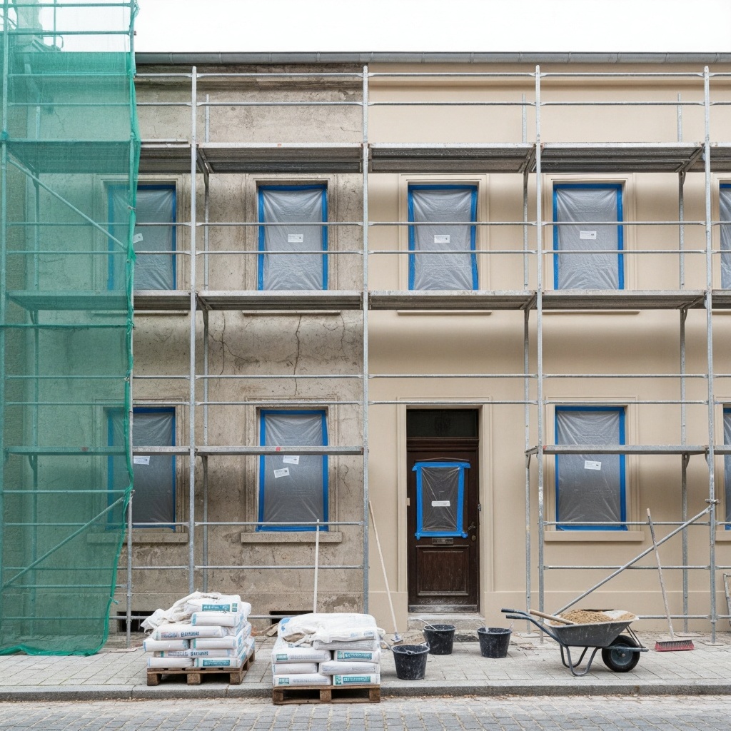 Altbau während der Fassadensanierung. Linke Seite zeigt alte, rissige Putzfassade; rechte Seite bereits neu verputzt und gestrichen in hellem Beige. Gerüst, Baumaterialien und abgeklebt Fenster sichtbar.