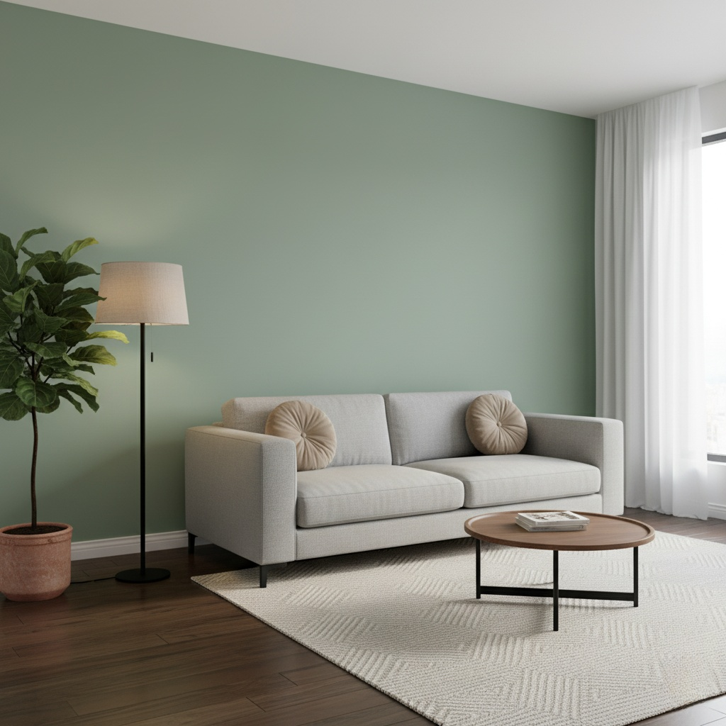 Innenausbau und Wohnraumgestaltung mit hellgrüner Wand, grauem Sofa, modernem Couchtisch und Holzfußboden in einem stilvoll eingerichteten Wohnzimmer.