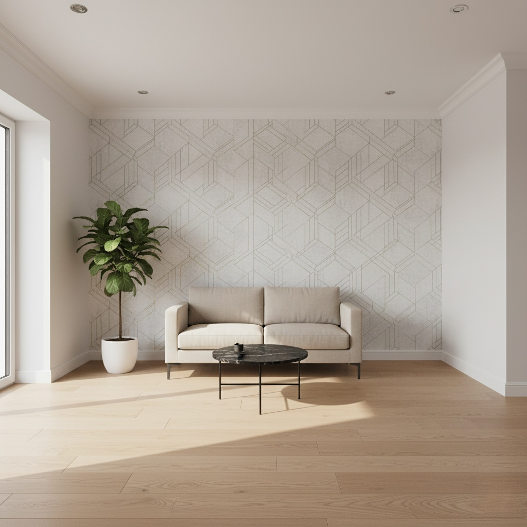 Modern eingerichtetes Wohnzimmer nach abgeschlossenem Innenausbau mit heller Wandgestaltung, Holzfußboden und Sofa