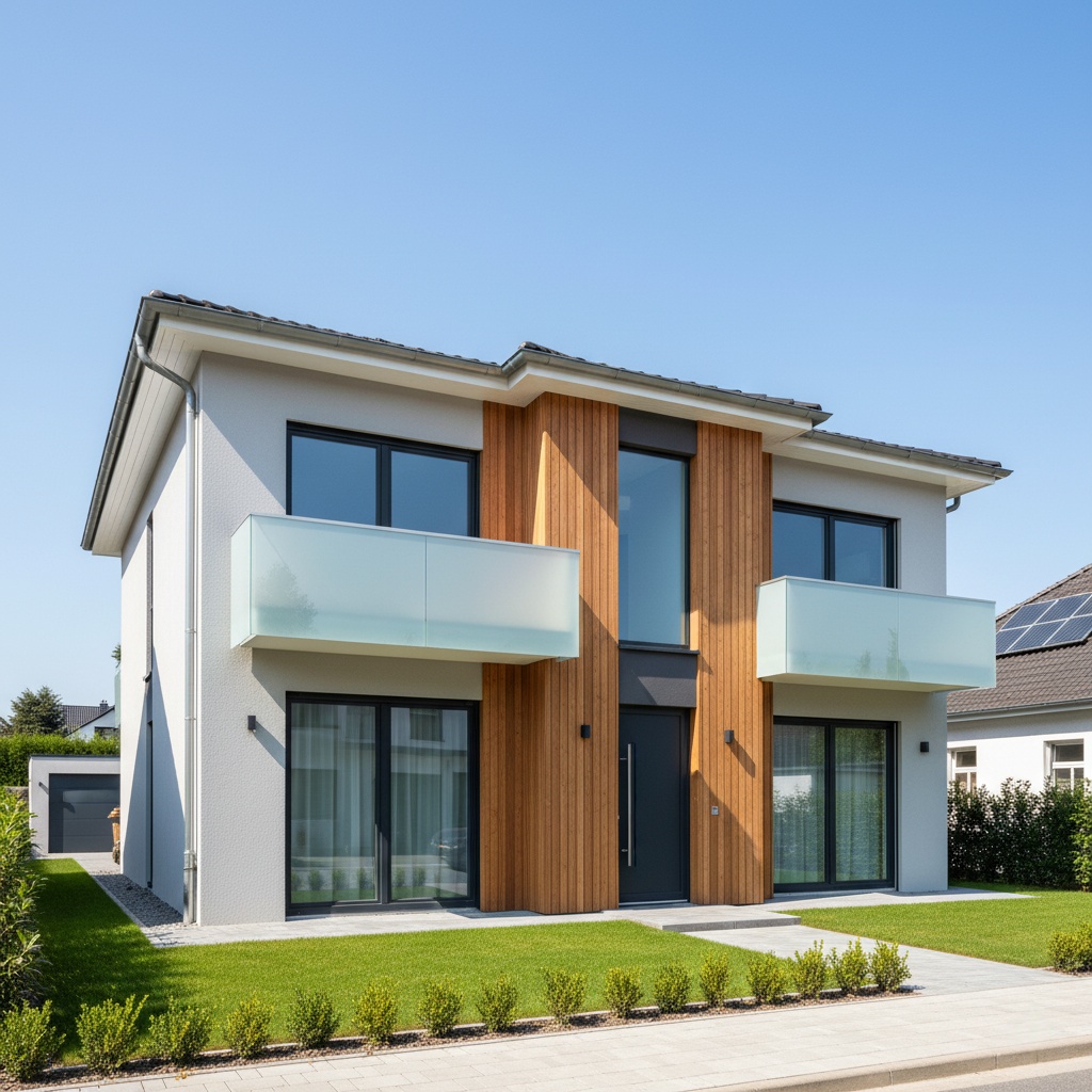 Modernes Einfamilienhaus mit heller Putzfassade, vertikalen Holzverkleidungen und Glasbalkonen – stilvolle Kombination aus Naturmaterial und moderner Architektur.