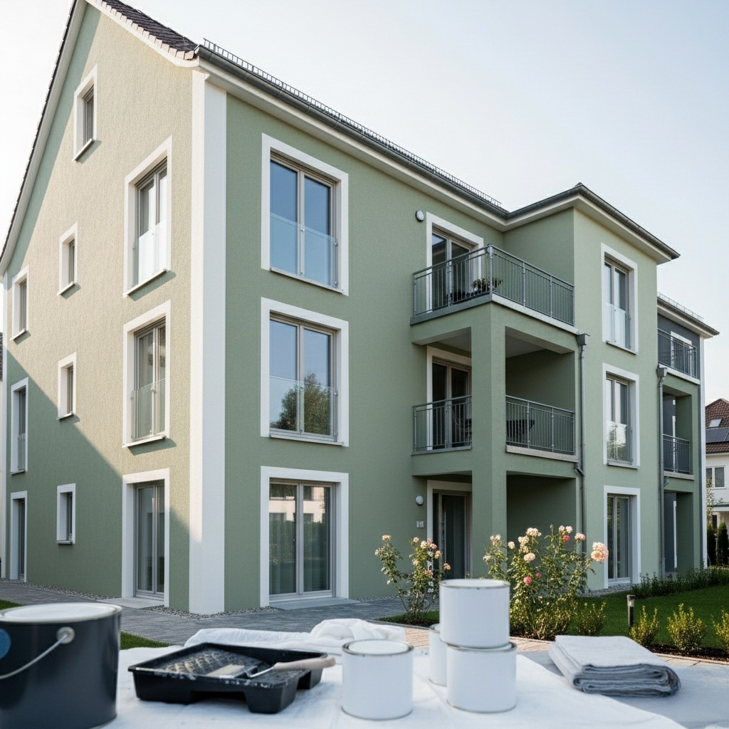 Modernes Mehrfamilienhaus mit frisch sanierter WDVS-Fassade in elegantem Grün. Weiße Fensterrahmen und Balkone mit Metallgeländern runden das Erscheinungsbild ab.