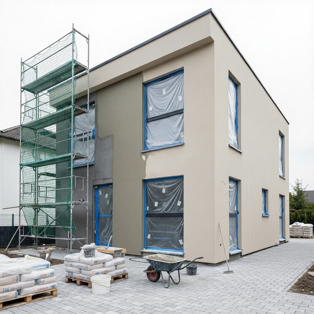 Modernes Einfamilienhaus nach der WDVS-Sanierung. Glatte, neu verputzte und gestrichene Fassade in hellem Beige, Fenster abgeklebt, Gerüst und Baumaterialien noch vorhanden.