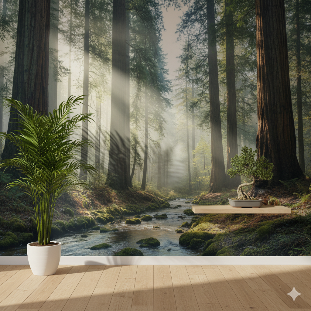 Wohnwand mit realistisch bedruckter Fototapete in Waldmotiv – professionell tapeziert, naturgetreu gestaltet und kombiniert mit Pflanzen und Holzoptikboden.