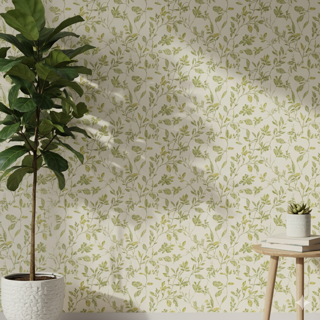 Wohnwand mit hellgrüner floraler Tapete, stilvoll tapeziert und perfekt verarbeitet – modernes Raumdesign mit professioneller Tapezier- und Streicharbeit.