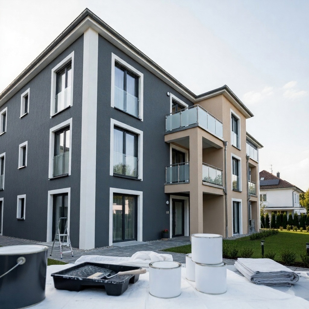 Modernes Mehrfamilienhaus mit fertiggestellter WDVS-Fassade in Anthrazit und Beige. Farbeimer, Pinsel und Werkzeuge im Vordergrund zeigen die professionelle Ausführung.