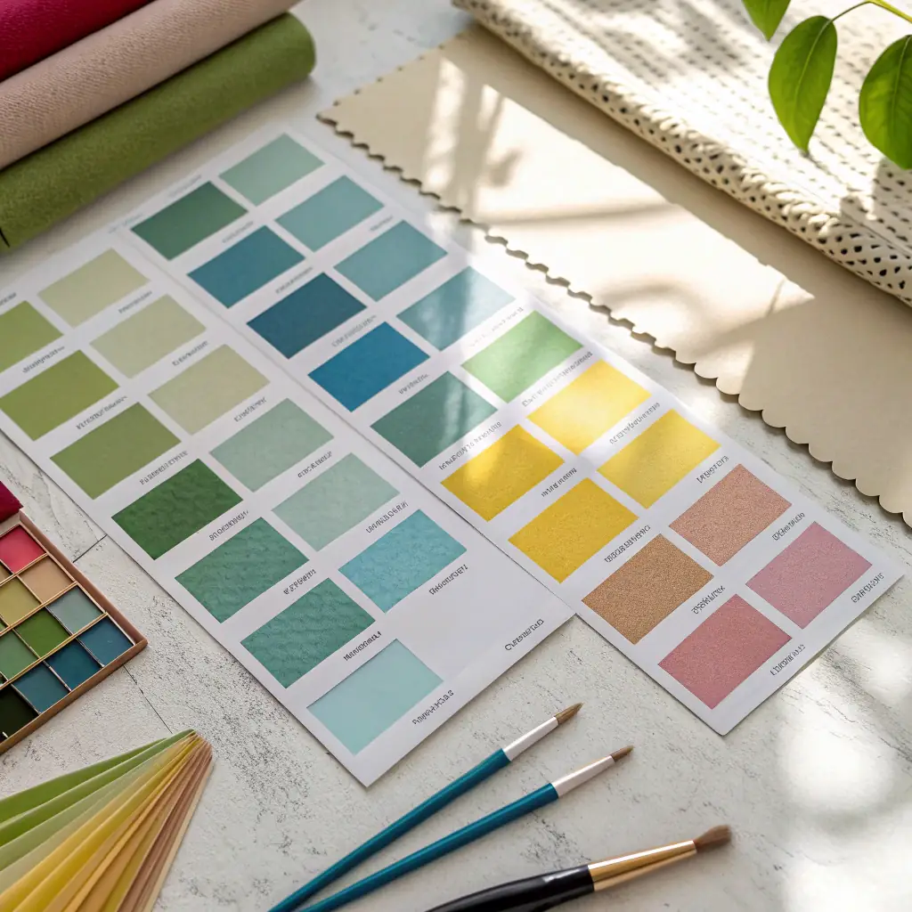 Farbmusterkarte mit verschiedenen Grün-, Blau- und Gelbtönen. Inspiration und Planung für professionelles Malen und Raumgestaltung.