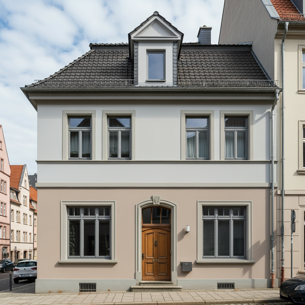 Stilvolles Stadthaus mit frisch renoviertem Fassadenanstrich in Beige und Weiß, kombiniert mit grauen Fensterrahmen und Holztür.