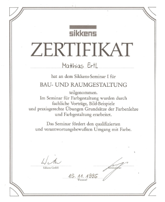 Zertifikat für Mathias Ertl über die Teilnahme am Sikkens-Seminar für Bau- und Raumgestaltung – Nachweis der Weiterbildung und Teamkompetenz in Farbgestaltung und Innenraumdesign.