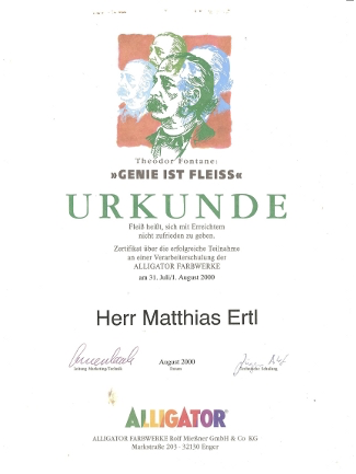 Urkunde für Matthias Ertl über die erfolgreiche Teilnahme an einer Weiterbildungsveranstaltung der Alligator Farbwerke – Nachweis von Fachkompetenz und Teamweiterbildung im Malerhandwerk.