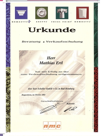 Urkunde für Matthias Ertl über die erfolgreiche Teilnahme an der NMC-Verkaufsschulung – Nachweis der Teamkompetenz in Beratung, Verkauf und Kundenservice im Handwerk.