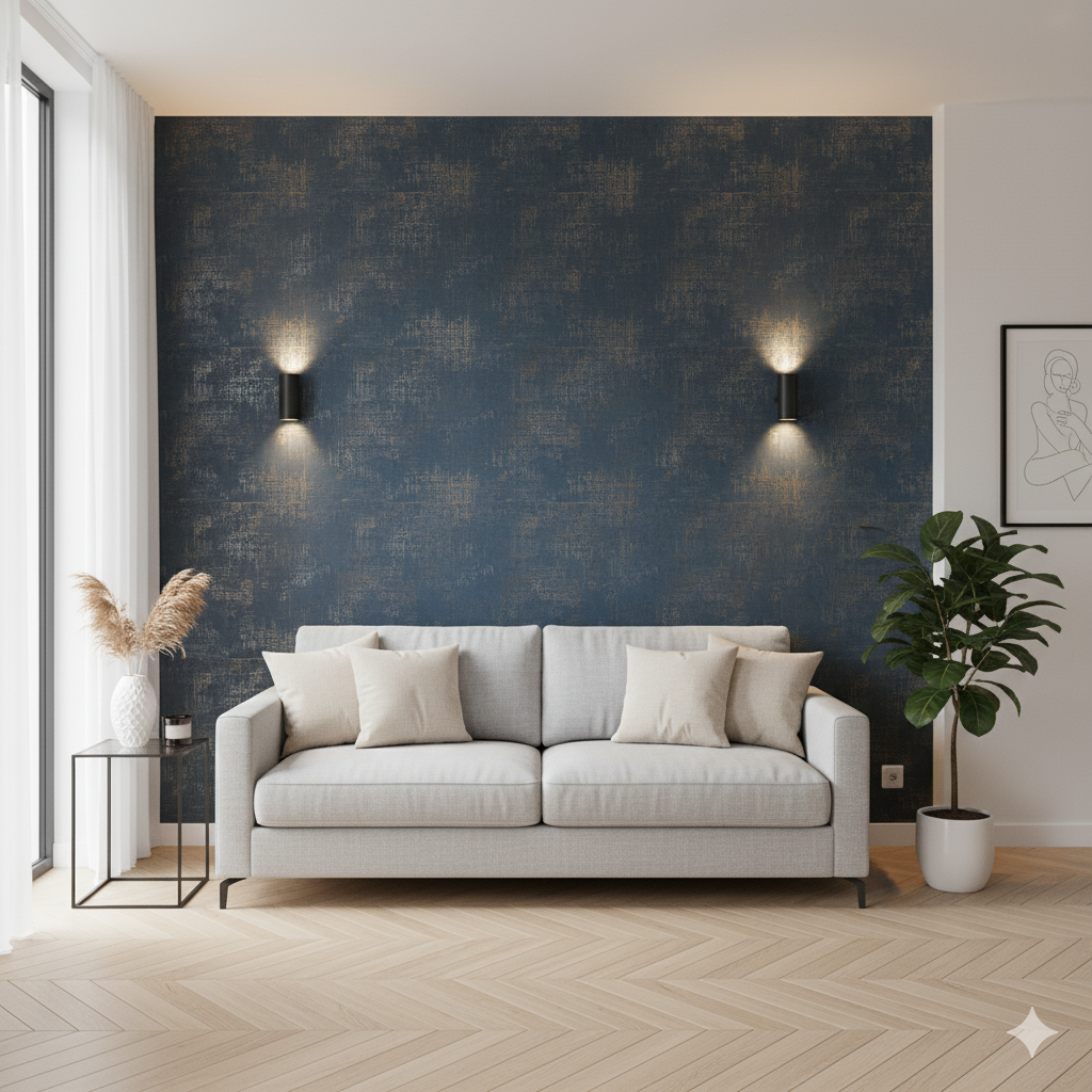 Modernes Wohnzimmer mit eleganter, dunkelblauer Akzentwand – professionell gestrichen und tapeziert, kombiniert mit heller Einrichtung und stilvollem Interior-Design.