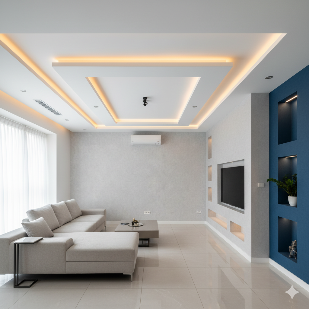 Modernes Wohnzimmer mit hellgrau gestrichenen und tapezierten Wänden, abgesetzter blauer Akzentwand und stilvoller Deckenbeleuchtung – präzise Maler- und Tapezierarbeit.