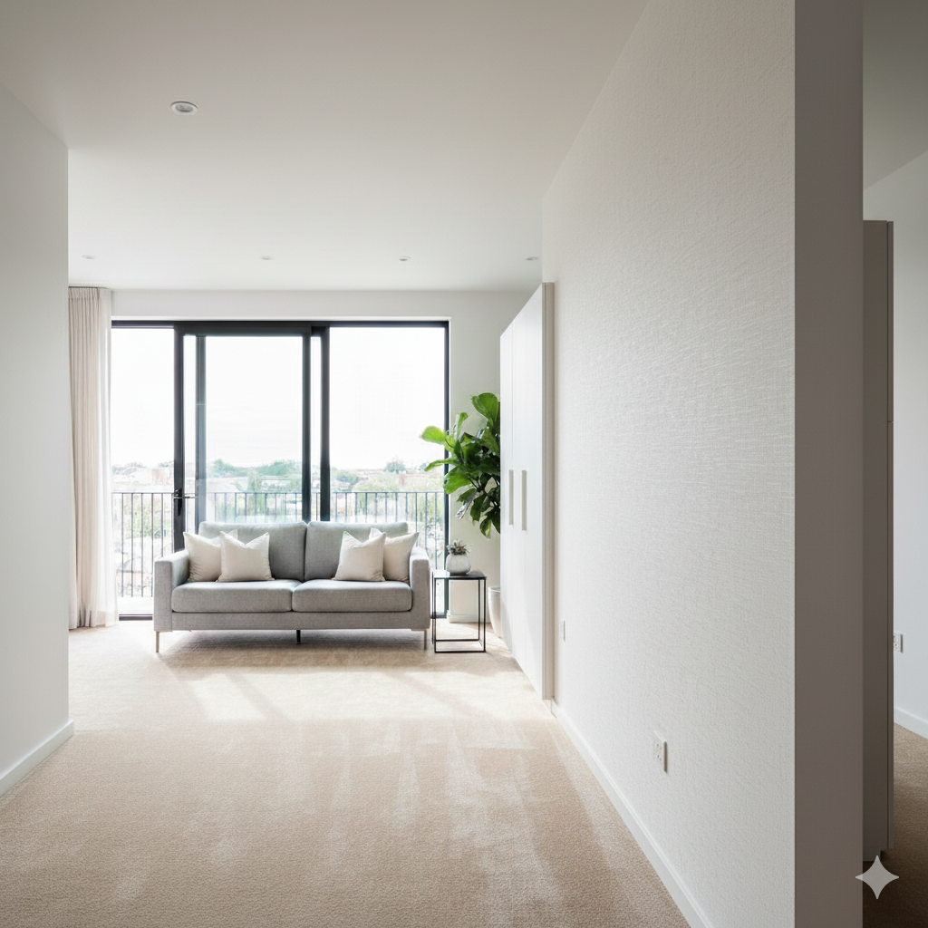 Helles, modern gestrichenes Wohnzimmer mit dezent tapezierten Wänden, großem Fenster und grauem Sofa – professionelle Maler- und Tapezierarbeit in elegantem Stil.