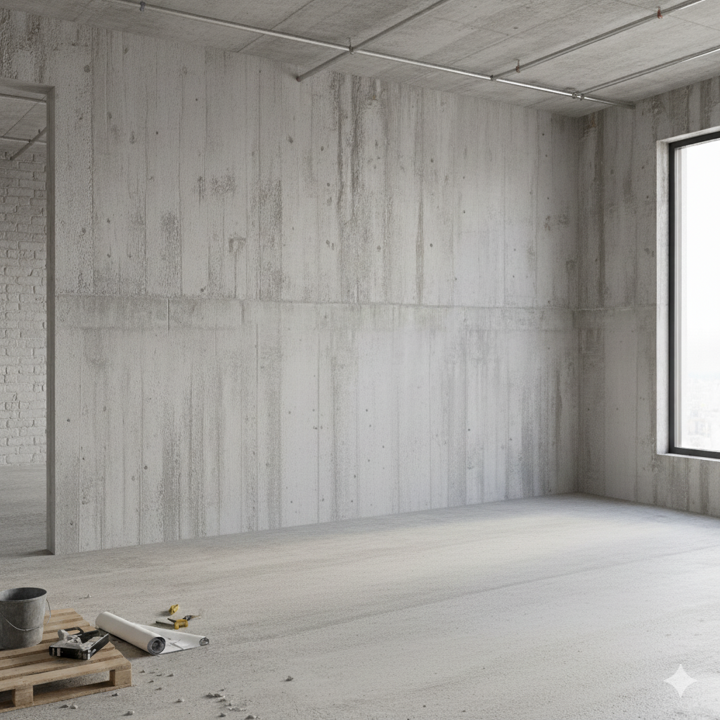 Vorbereitung zum Streichen & Tapezieren – Rohbauwand Rohbau mit unbehandelten Betonwänden, bereit zum Streichen und Tapezieren – perfekte Ausgangsbasis für professionelle Maler- und Innenausbauarbeiten.