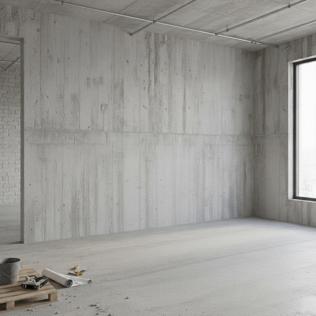 Vorbereitung zum Streichen & Tapezieren – Rohbauwand Rohbau mit unbehandelten Betonwänden, bereit zum Streichen und Tapezieren – perfekte Ausgangsbasis für professionelle Maler- und Innenausbauarbeiten.