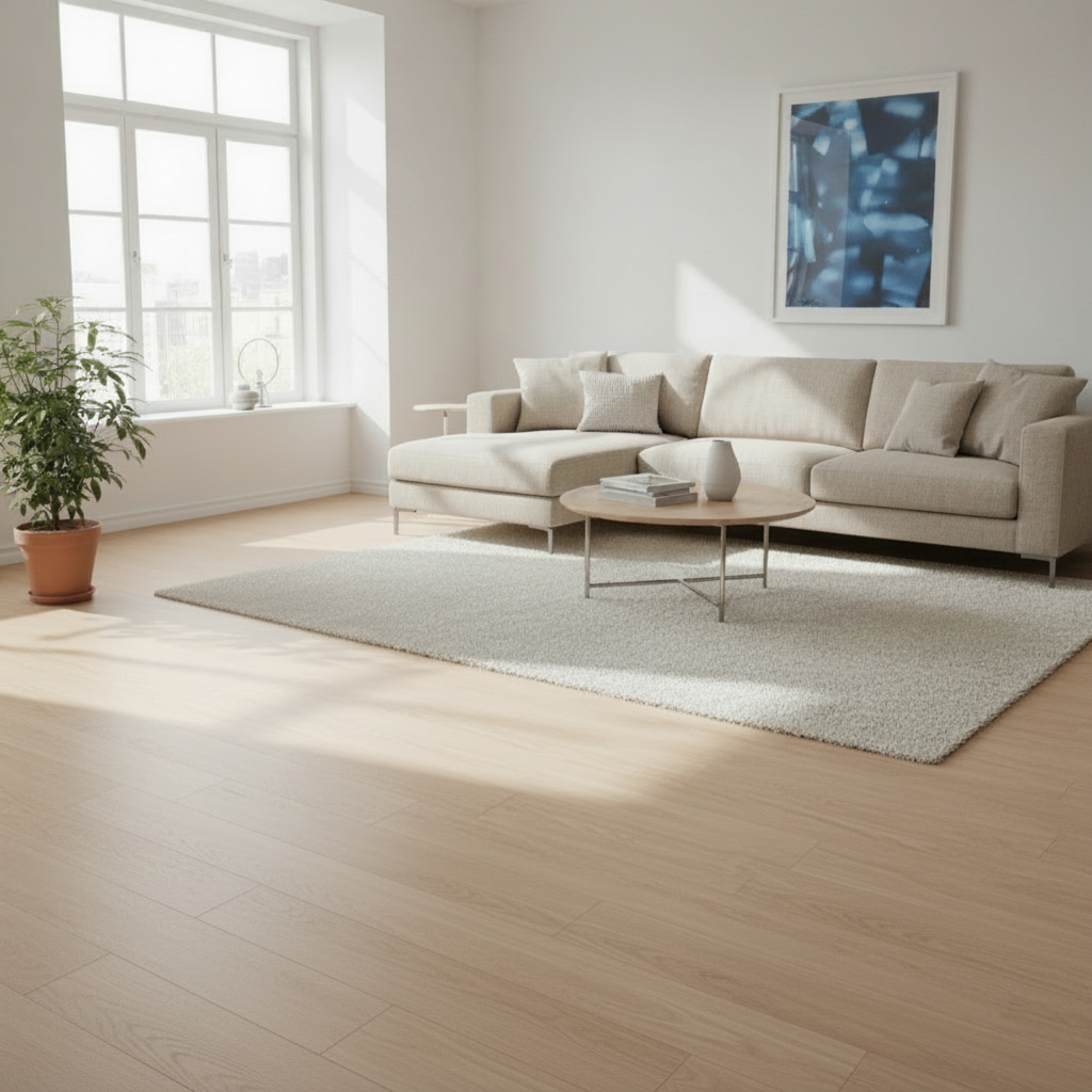 Helles Wohnzimmer mit großem Sofa, Teppich und hellbraunem Laminatboden in Holzoptik. Tageslicht fällt durch große Fenster und sorgt für eine freundliche Atmosphäre.