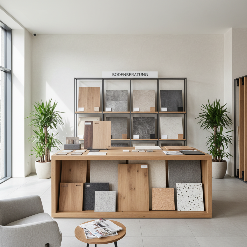 Moderner Showroom zur Bodenberatung mit verschiedenen Bodenmustern aus Vinyl, Laminat, Parkett und Designbelägen in heller Umgebung.