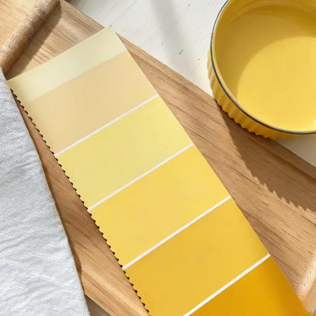 Farbpalette mit Gelbtönen und Musterkarte. Inspiration für professionelles Malen und moderne Farbgestaltung.