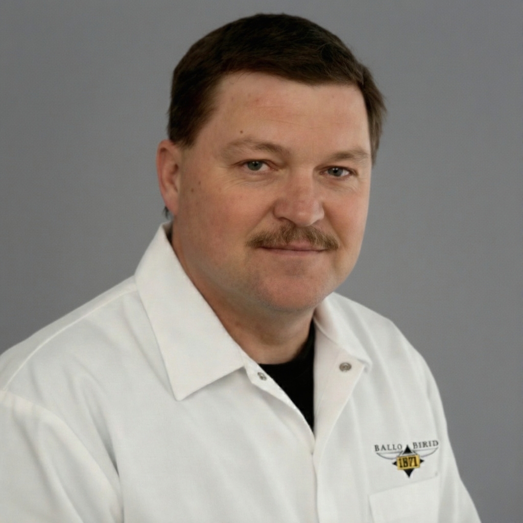 Porträt eines sympathischen Handwerkers mit hellem Arbeitshemd vor grauem Hintergrund.